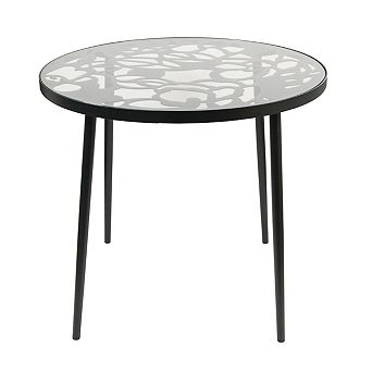 LeisureMod Devon Tree Design Glass Top Aluminum Base Indoor Outdoor Bistro Dining Table