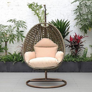 LeisureMod Beige Wicker Hanging Egg Swing Chair