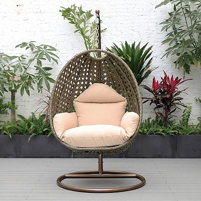 LeisureMod Beige Wicker Hanging Egg Swing Chair