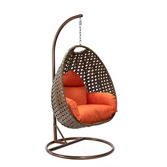 LeisureMod Beige Wicker Hanging Egg Swing Chair