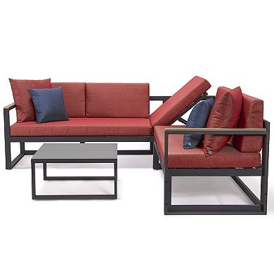 LeisureMod Chelsea Black Sectional With Adjustable Headrest & Coffee Table With Two Tone Cushions