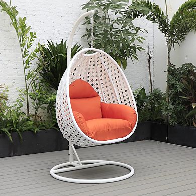 LeisureMod White Wicker Hanging Egg Swing Chair