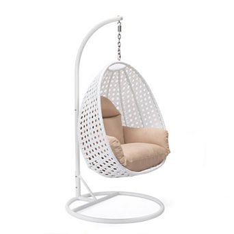 LeisureMod White Wicker Hanging Egg Swing Chair