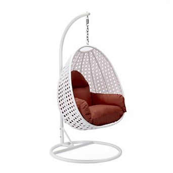 LeisureMod White Wicker Hanging Egg Swing Chair