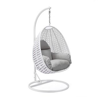 LeisureMod White Wicker Hanging Egg Swing Chair