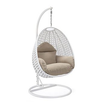 LeisureMod White Wicker Hanging Egg Swing Chair