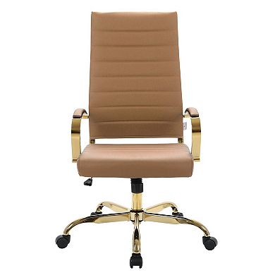 LeisureMod Benmar High-Back Leather Office Chair With Gold Frame