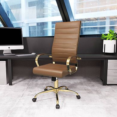 LeisureMod Benmar High-Back Leather Office Chair With Gold Frame