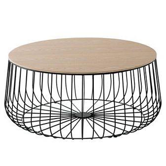 LeisureMod Runswick Modern Wood Top Coffee Table With Metal Base