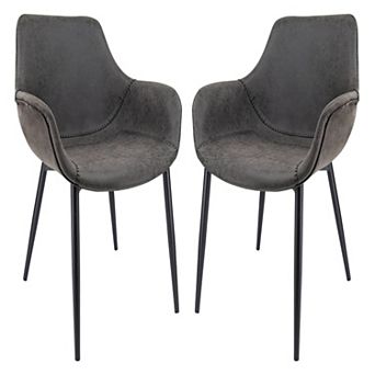 LeisureMod Markley Modern Leather Dining Arm Chair With Metal Legs Set of 2