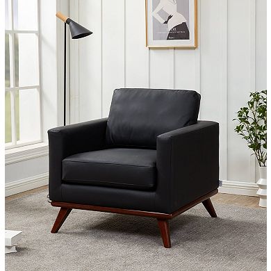 LeisureMod Chester Modern Faux Leather Accent Arm Chair with Birch Wood Legs and Square Arm Design