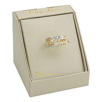 City Luxe 2-Piece Gold Tone Clear Cubic Zirconia Round & Marquise Engagement Ring Set