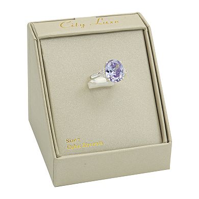 City Luxe Silver Tone Light Purple Oval Cubic Zirconia Ring
