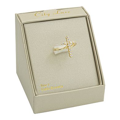 City Luxe Gold Tone Clear Cubic Zirconia Cross Ring