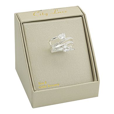 City Luxe Silver Tone Clear Cubic Zirconia Double Banded Ring