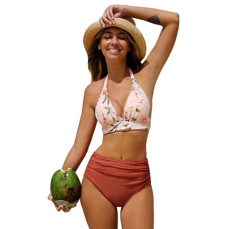 Women's Cupshe Halter Tall Tri & High Waist Bikini Set, Size: XL, Pink