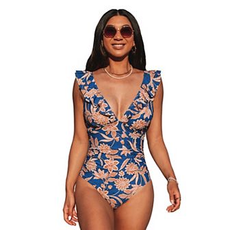 Women's Cupshe Floral Tummy Control Ruffled One-Piece Swimsuit