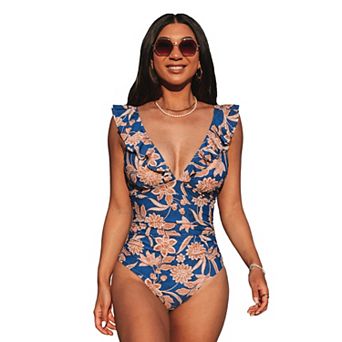 Women's Cupshe Floral Tummy Control Ruffled One-Piece Swimsuit