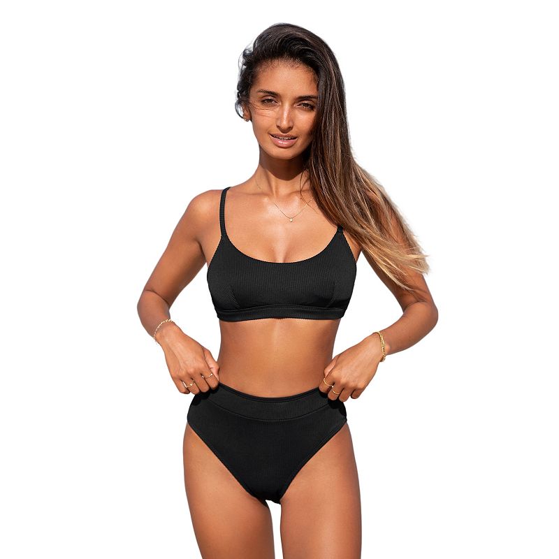 Women's Cupshe Rib Scoop Bralette & Banded High Waist Bikini Set, Size: Large, Black
