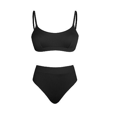 Women's Cupshe Rib Scoop Bralette & Banded High Waist Bikini Set
