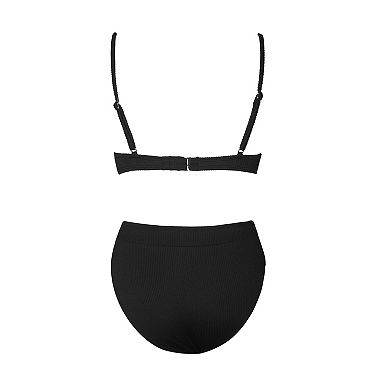 Women's CUPSHE Rib Scoop Bralette & Banded High Waist Bikini Set