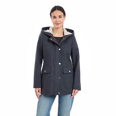 Women s London Fog Front Zip Wool Anorak Jacket with Sherpa Hood