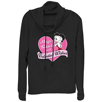 Juniors' Betty Boop Valentine Wishes Cowlneck Graphic Lightweight Long Sleeve