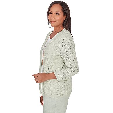 Women's Alfred Dunner Lacey Floral Stitch Two-In-One Layered Cardigan Top with Necklace