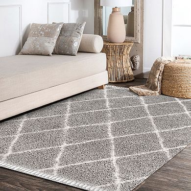 Gabrielle Mercer Shag Plush Tassel Moroccan Geometric Trellis Area Rug