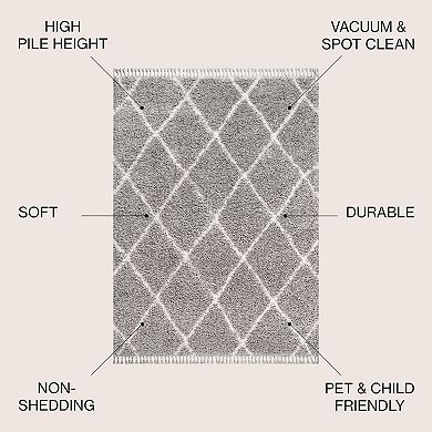 Gabrielle Mercer Shag Plush Tassel Moroccan Geometric Trellis Area Rug