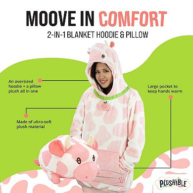 Unisex Strawberry Cow Adult Snugible - Reversible Blanket Hoodie Pillow
