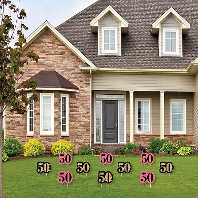 Big Dot of Happiness Chic 50th Birthday - Pink Black Gold Lawn Outdoor Party Yard Decor 10 Pc