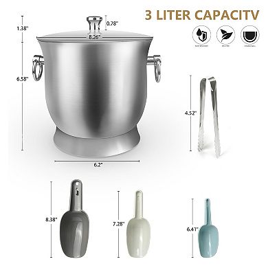 Stainless Steel Ice Bucket With Ice Tongs, Scoop, Lid, And Exclusive Handmade Nylon Holder - 3.3 L