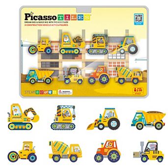 PicassoTiles 8 pc Construction Vehicle Themed Magnetic Tiles Magnet Building Blocks for Kids Ages 3+