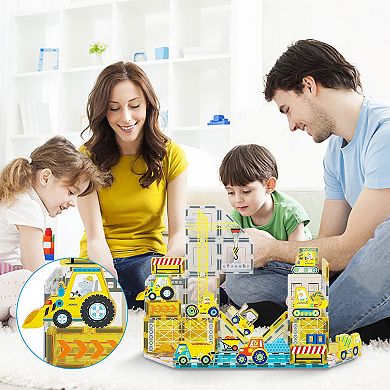 PicassoTiles 8 PC Construction Vehicle Themed Magnetic Tiles Magnet Building Blocks for Kids Ages 3+