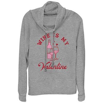 Women's Wine Is My Valentine Cowlneck Graphic Lightweight Long Sleeve