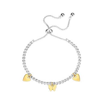 Isla & Alex Two-Tone Cubic Zirconia Heart & Butterfly Charm Mother & Daughter Adjustable Bracelet
