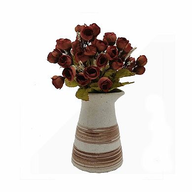 Artificial Bud Roses In Ceramic Vase Floral Arrangement Table Decor