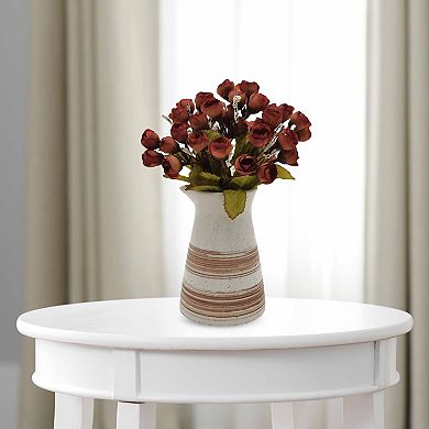 Artificial Bud Roses In Ceramic Vase Floral Arrangement Table Decor