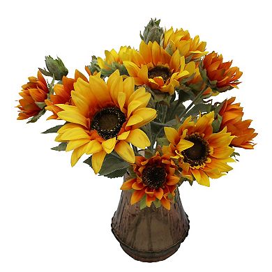 Artificial Sunflowers In Amber Glass Vase Floral Arrangement Table Decor