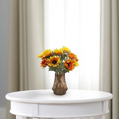 Artificial Sunflowers In Amber Glass Vase Floral Arrangement Table Decor