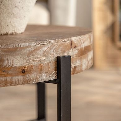 Modern Retro Splicing Round Fir Wood Coffee Table With Cross Metal Legs Base