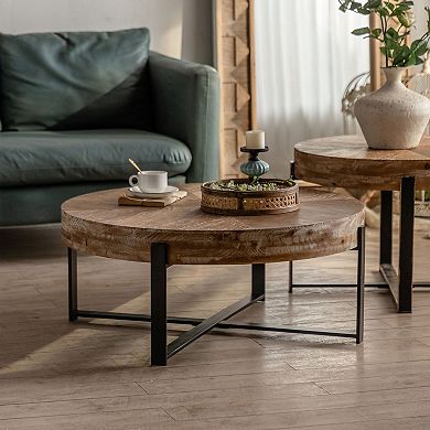 Modern Retro Splicing Round Fir Wood Coffee Table With Cross Metal Legs Base
