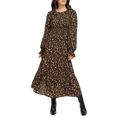 August Sky Women s Floral Smocked Body Long Sleeve Dress