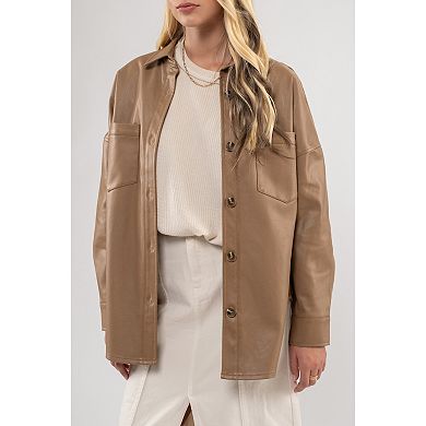 August Sky Women's Faux Leather Oversized Button Up Shacket