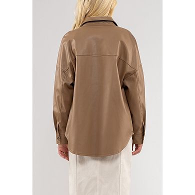 August Sky Women's Faux Leather Oversized Button Up Shacket