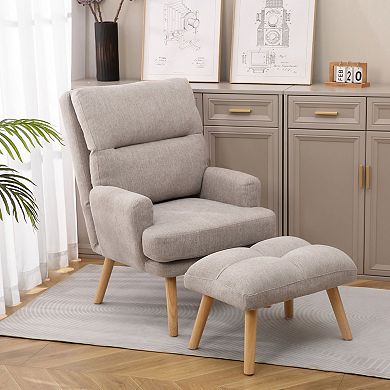 Adjustable Backrest Fabric Armchair, Accent Chair with Ottoman Set