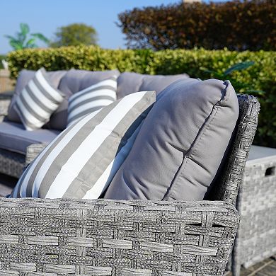 7-Seat Patio Gray Wicker Sofa Set with 25.59"H Gas Fire Pit Table&Side Table