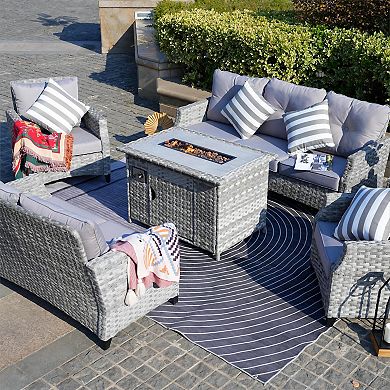 7-Seat Patio Gray Wicker Sofa Set with 25.59"H Gas Fire Pit Table&Side Table