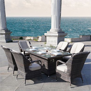 7-piece Patio Wicker Dining Set With Rectangular Aluminium Fire Pit Table